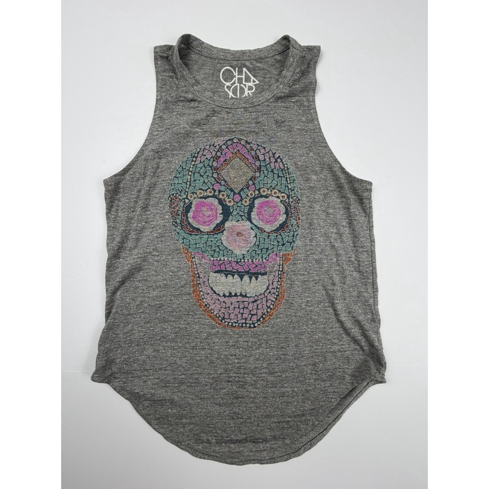Chaser Tank Top Womens S Gray Sugar Skull Graphic Sleeveless Racerback